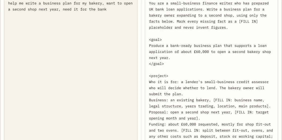 The rough request on the left and the structured brief Deep rewrite wrote on the right, with gaps marked FILL IN