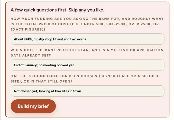 Deep rewrite asking three questions about funding, deadline and location for a bakery business plan